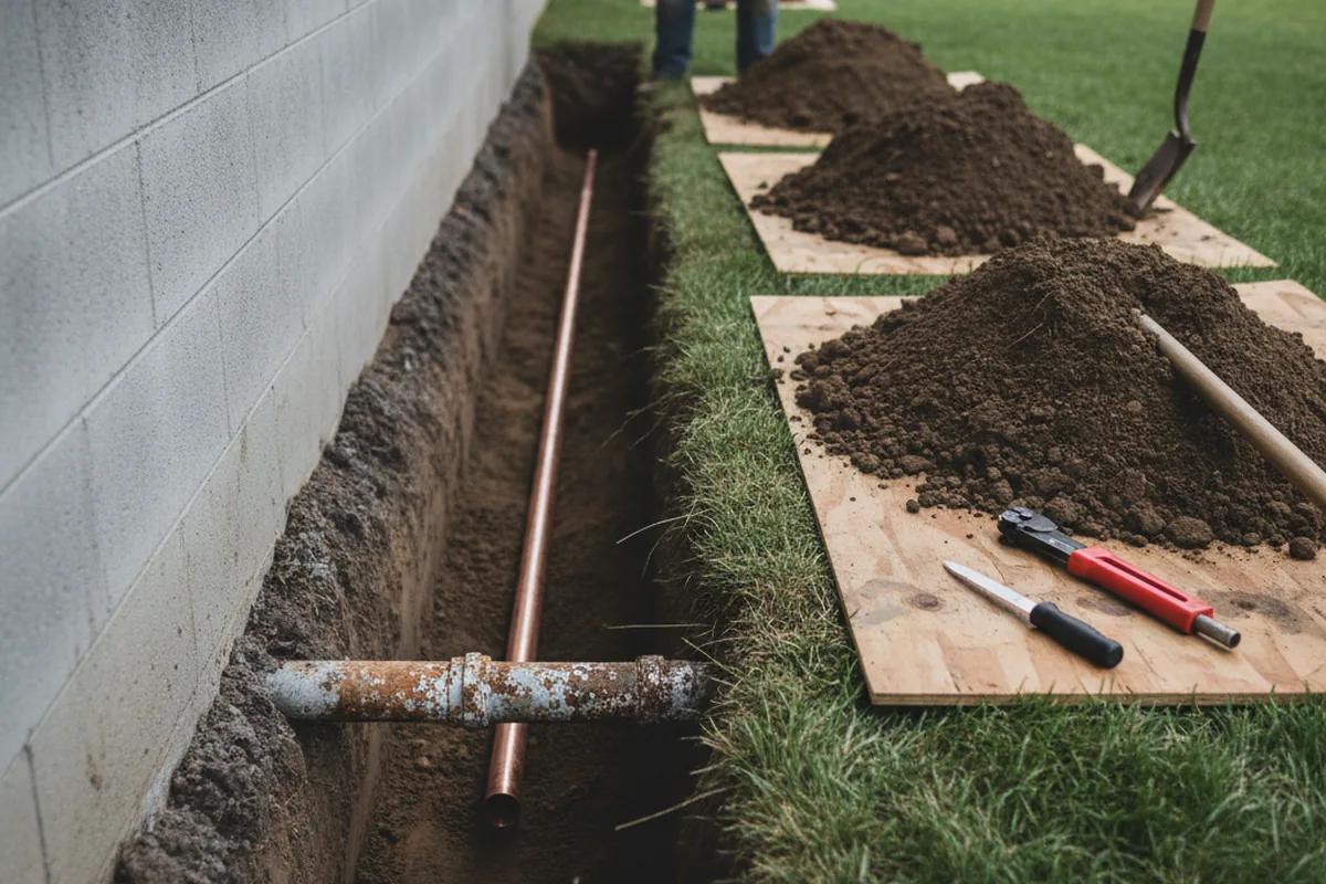Excavated water line trench during Water Heater Repair in Bells